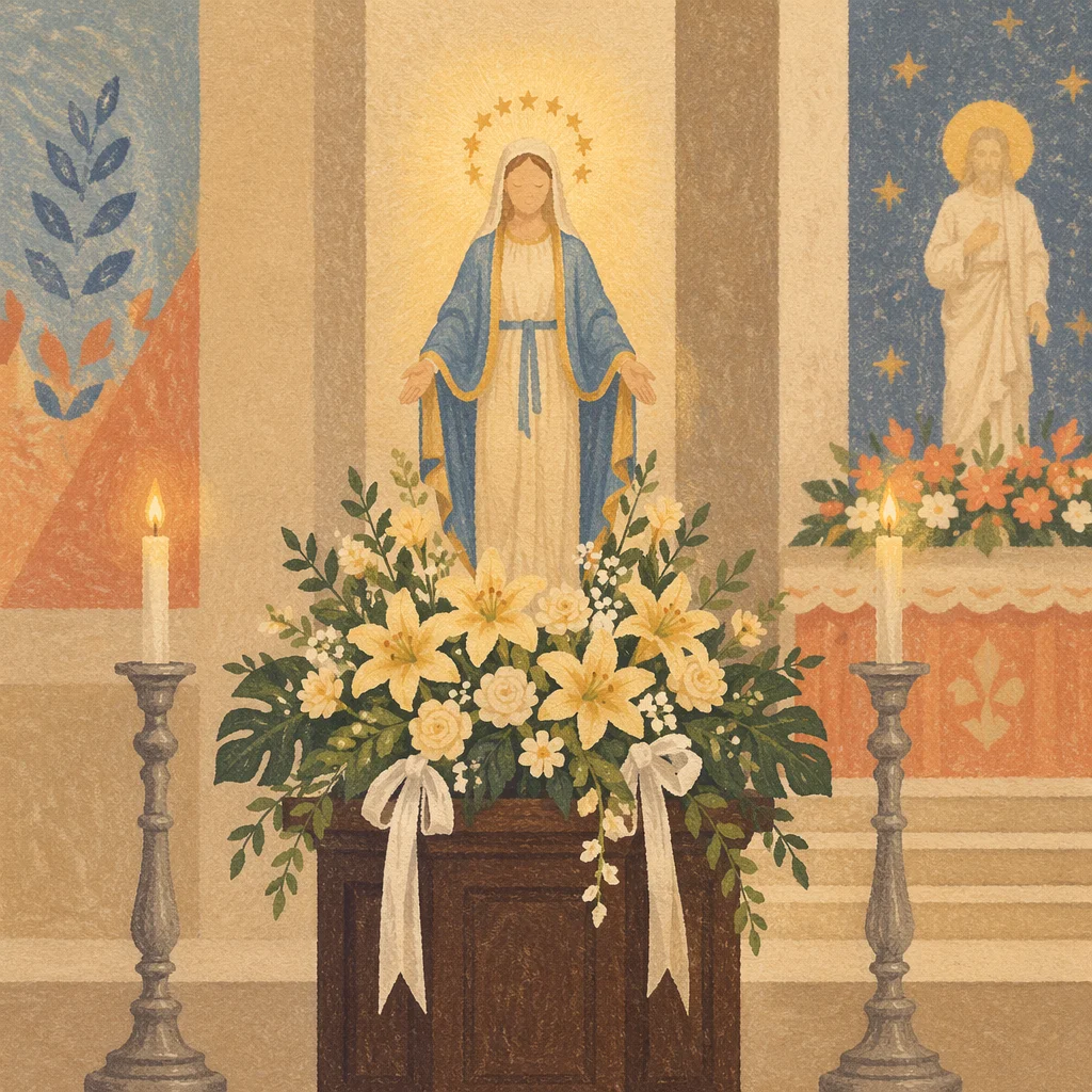 Candlelit Church Altar With Lilies and Roses