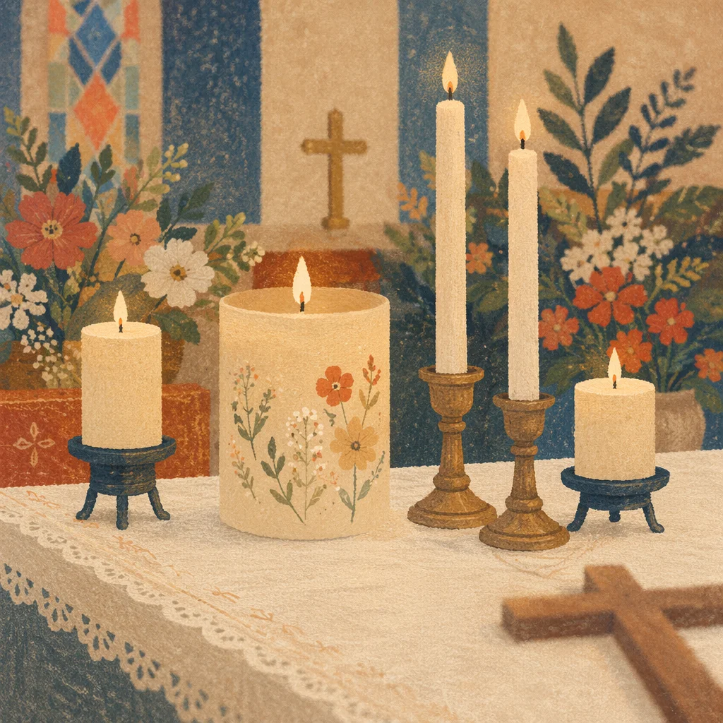 Church Altar Candles with Flowers and Cross