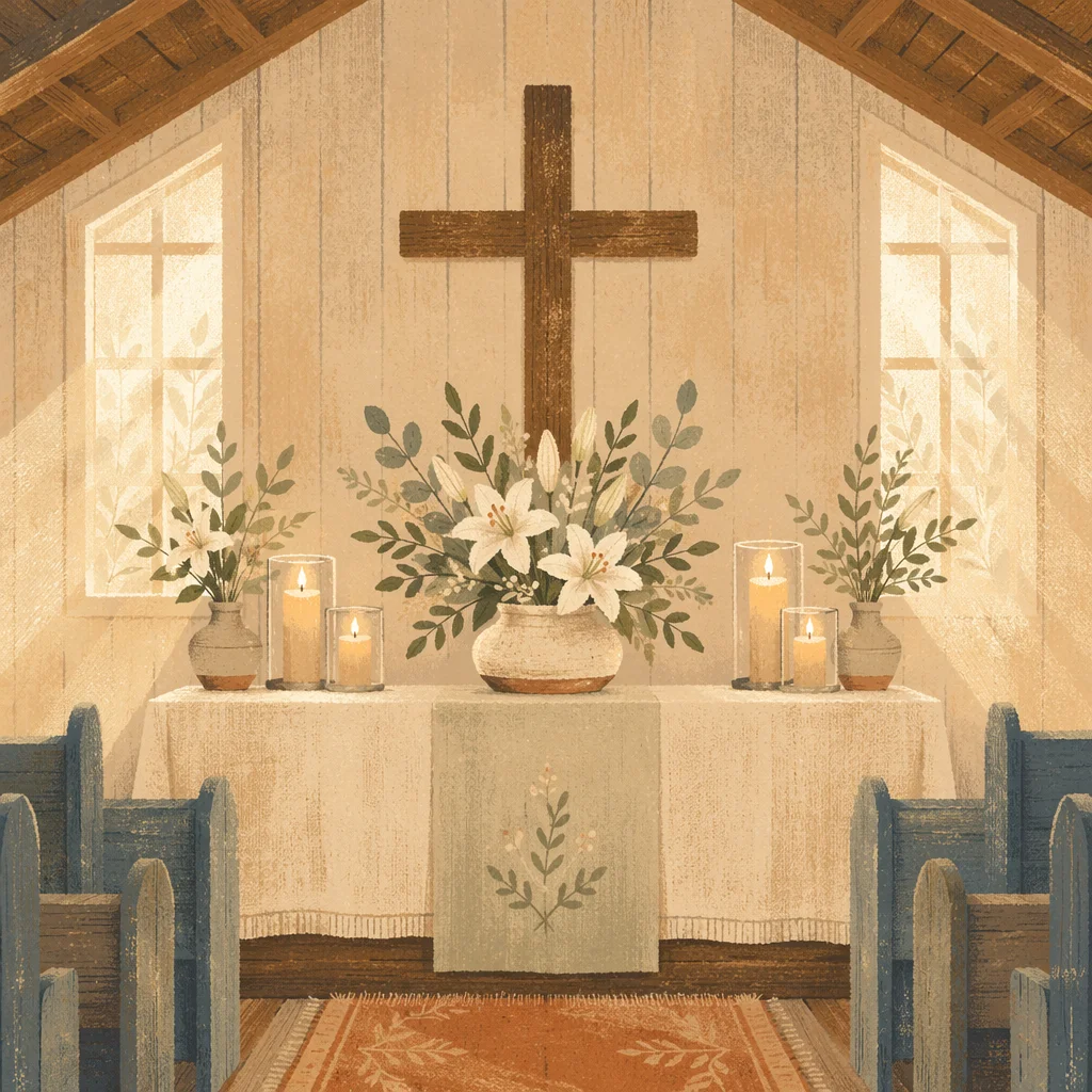 Peaceful Church Altar with Lilies and Candles