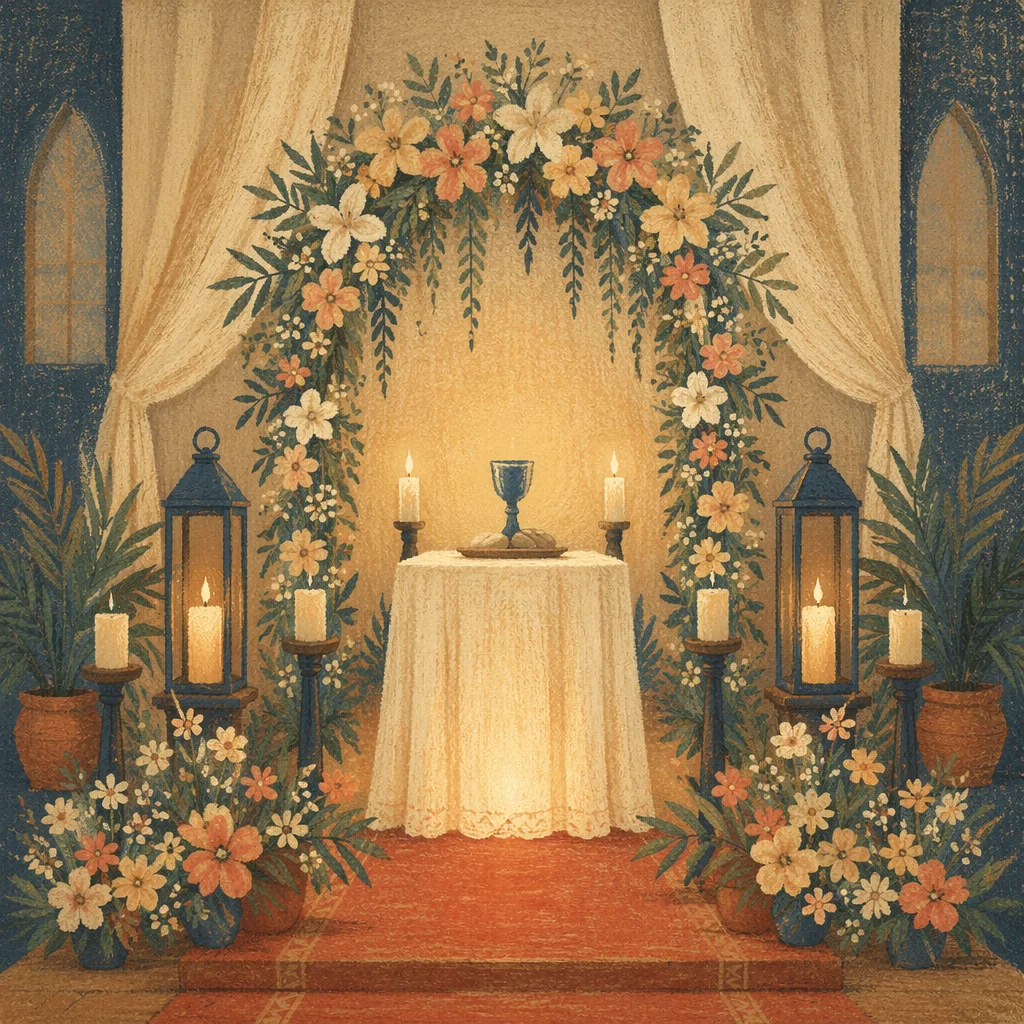 Candlelit Church Altar with Floral Arch