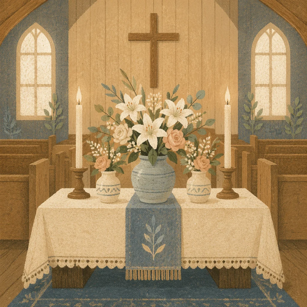 Quiet Church Altar with Flowers and Candles