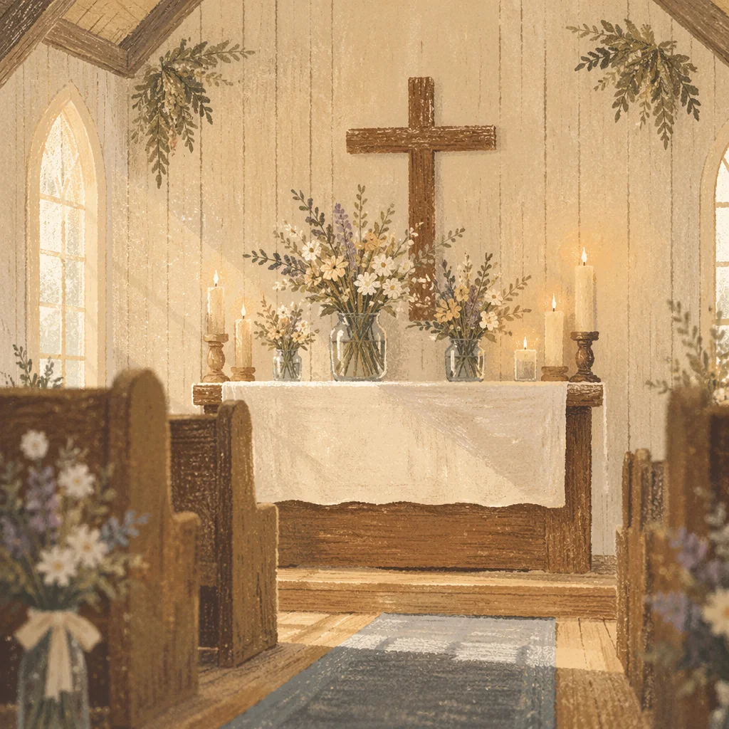 Quiet Chapel Altar with Flowers and Candles
