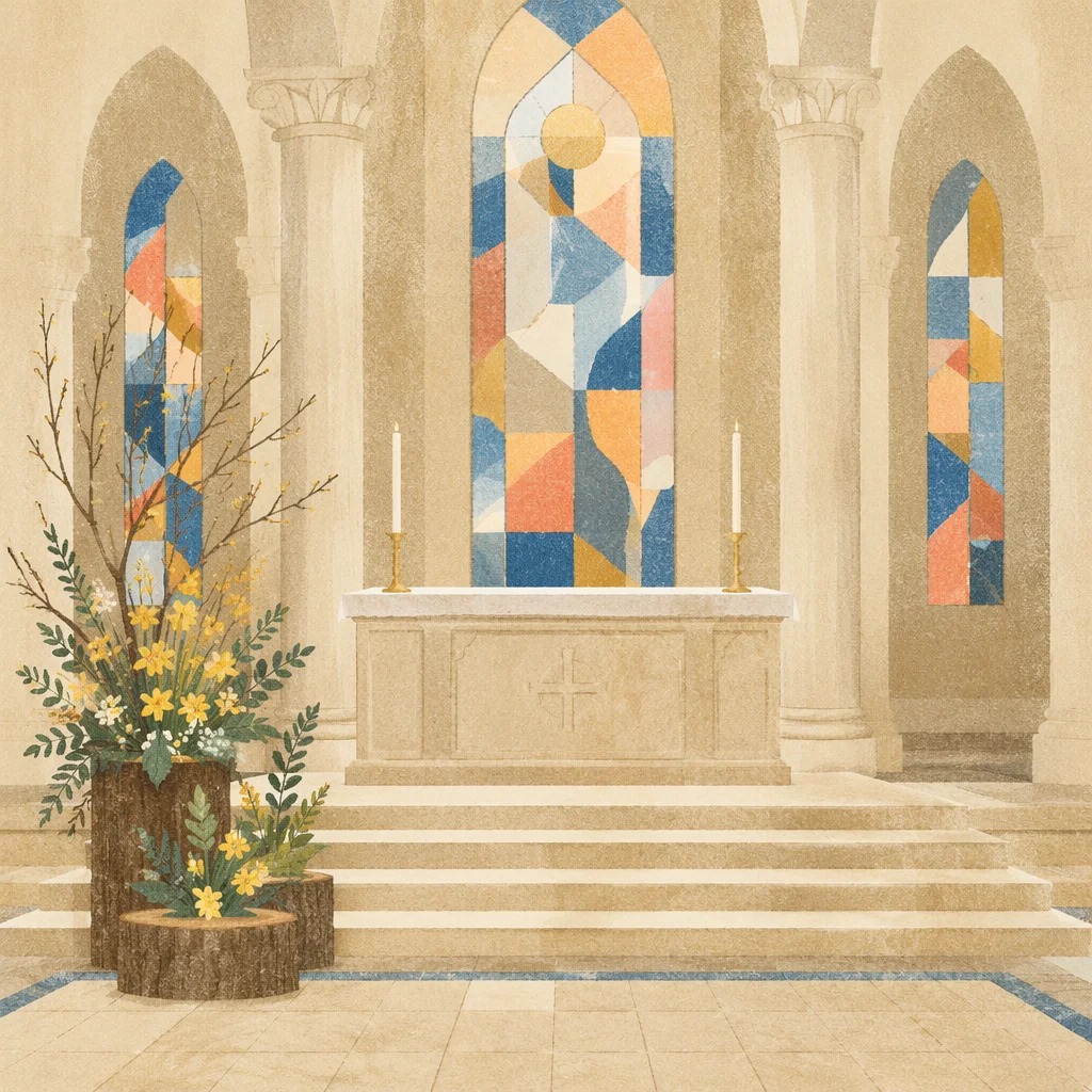 Serene Church Altar with Flowers and Candles