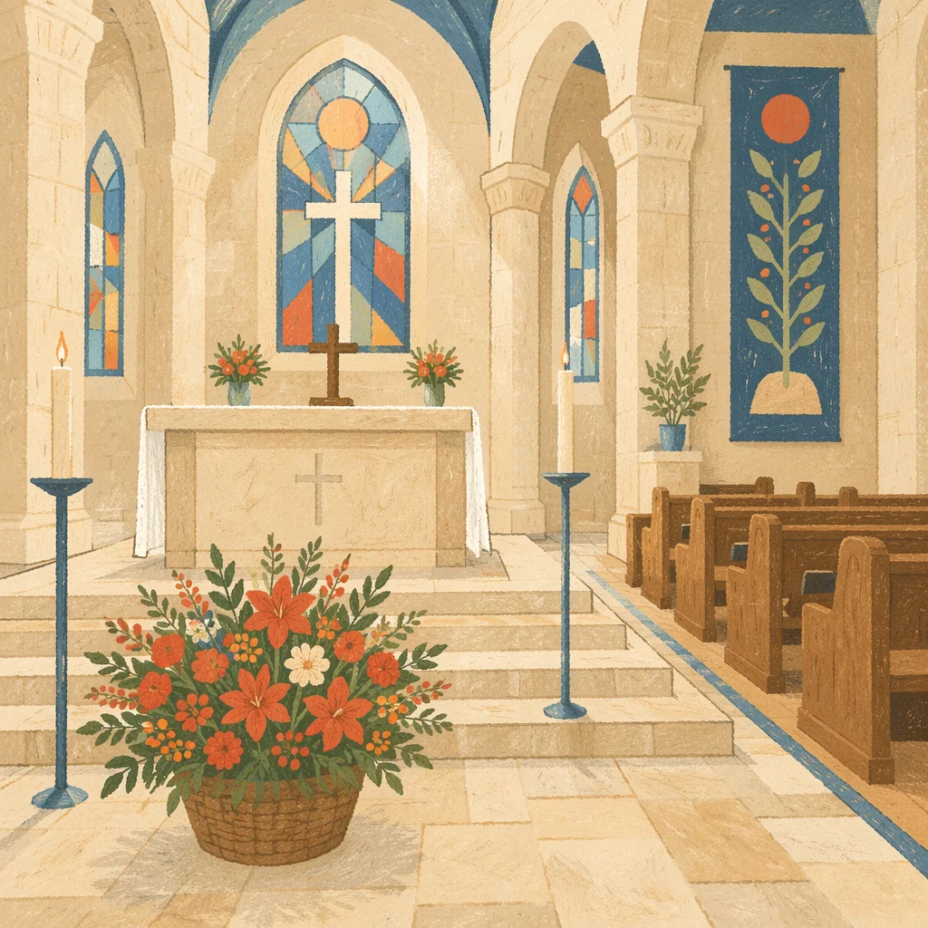 Church Altar Flowers and Candlelit Sanctuary
