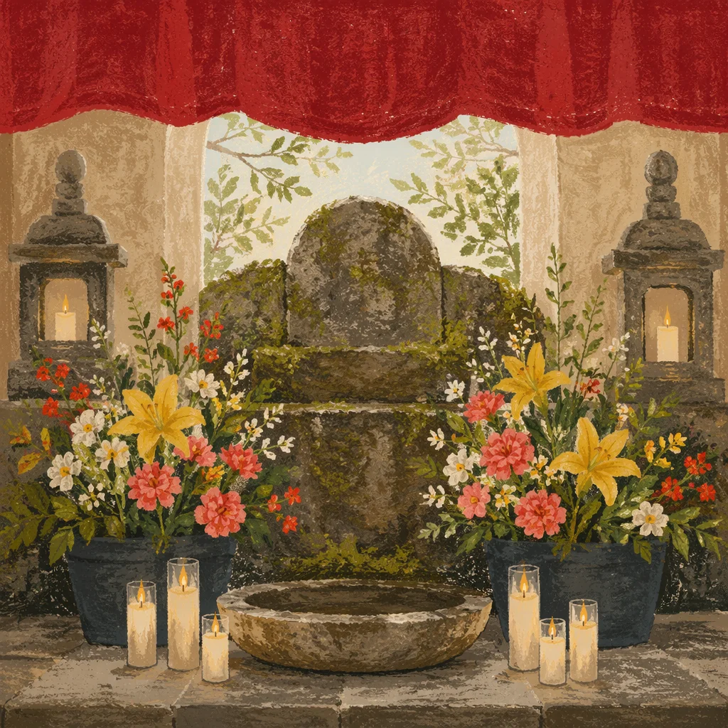 Peaceful Church Altar with Flowers and Candles