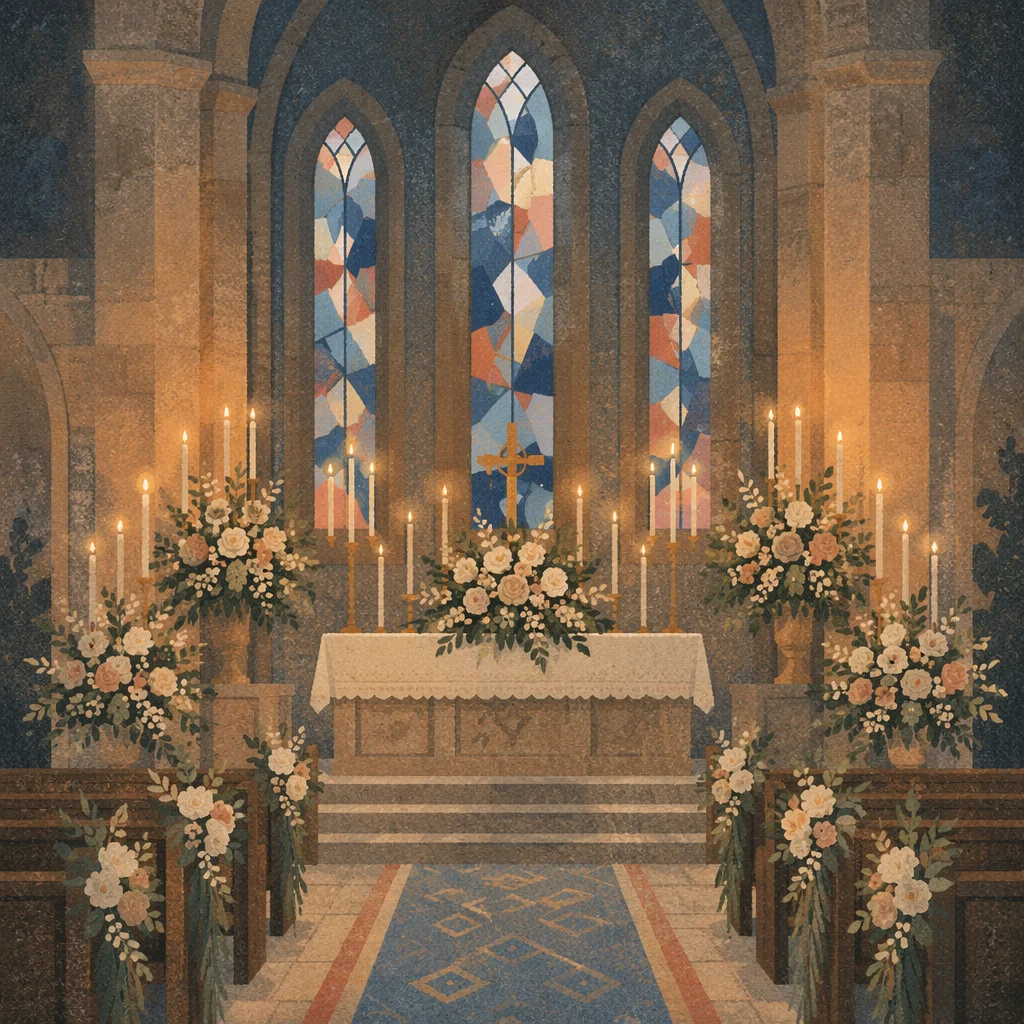Candlelit Church Altar with Soft Flowers