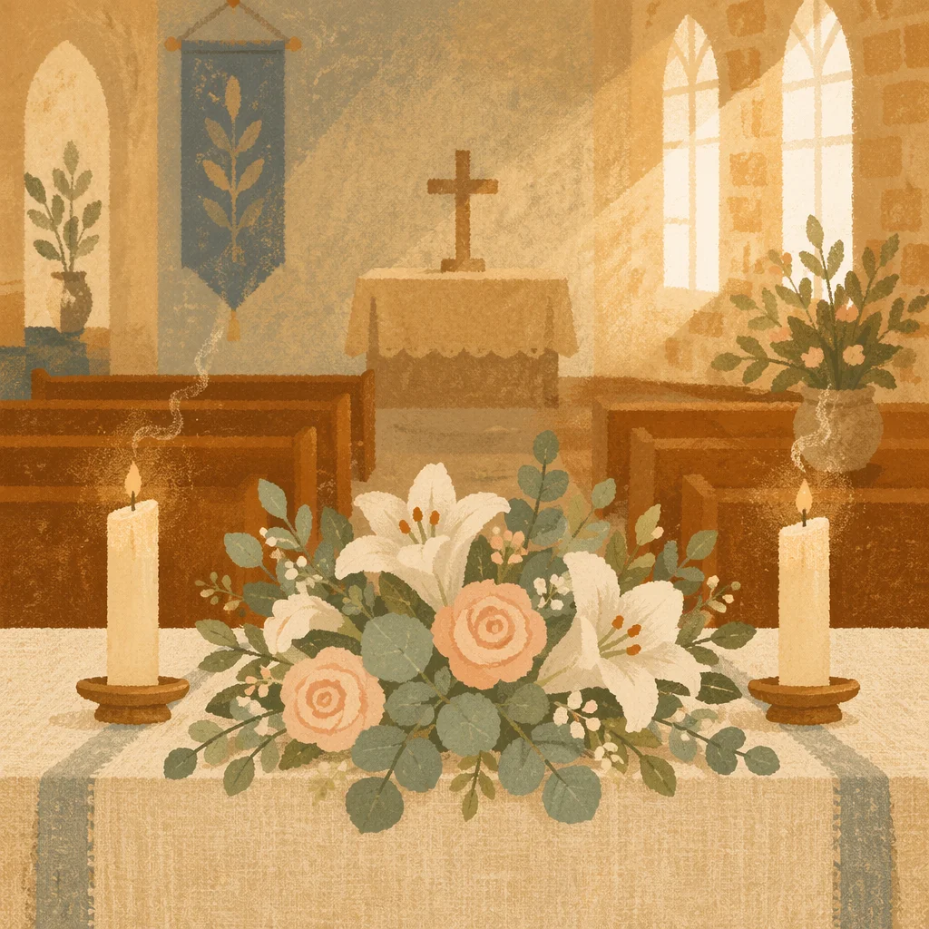 Peaceful Church Altar with Flowers and Candles