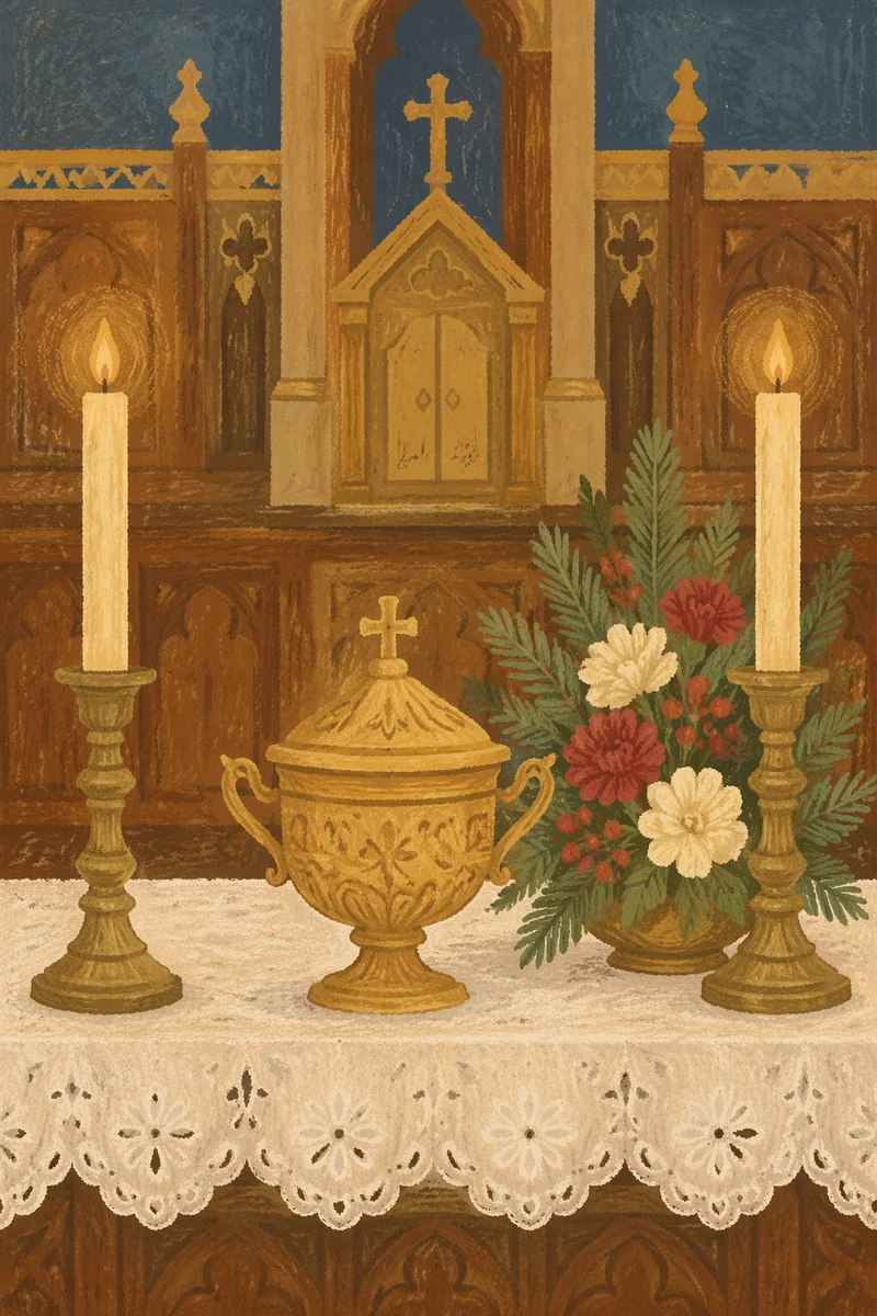 Quiet Chapel Altar with Flowers and Candles