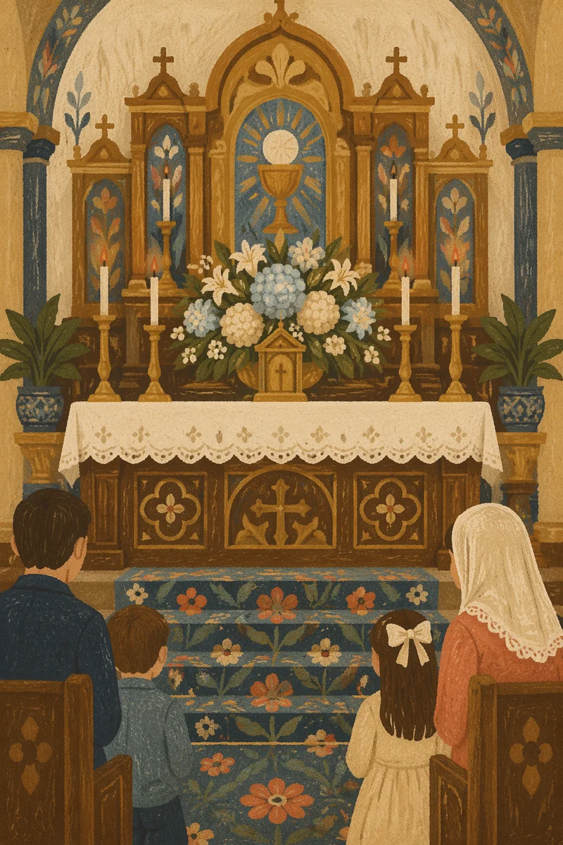Warm Church Altar with Flowers and Candles