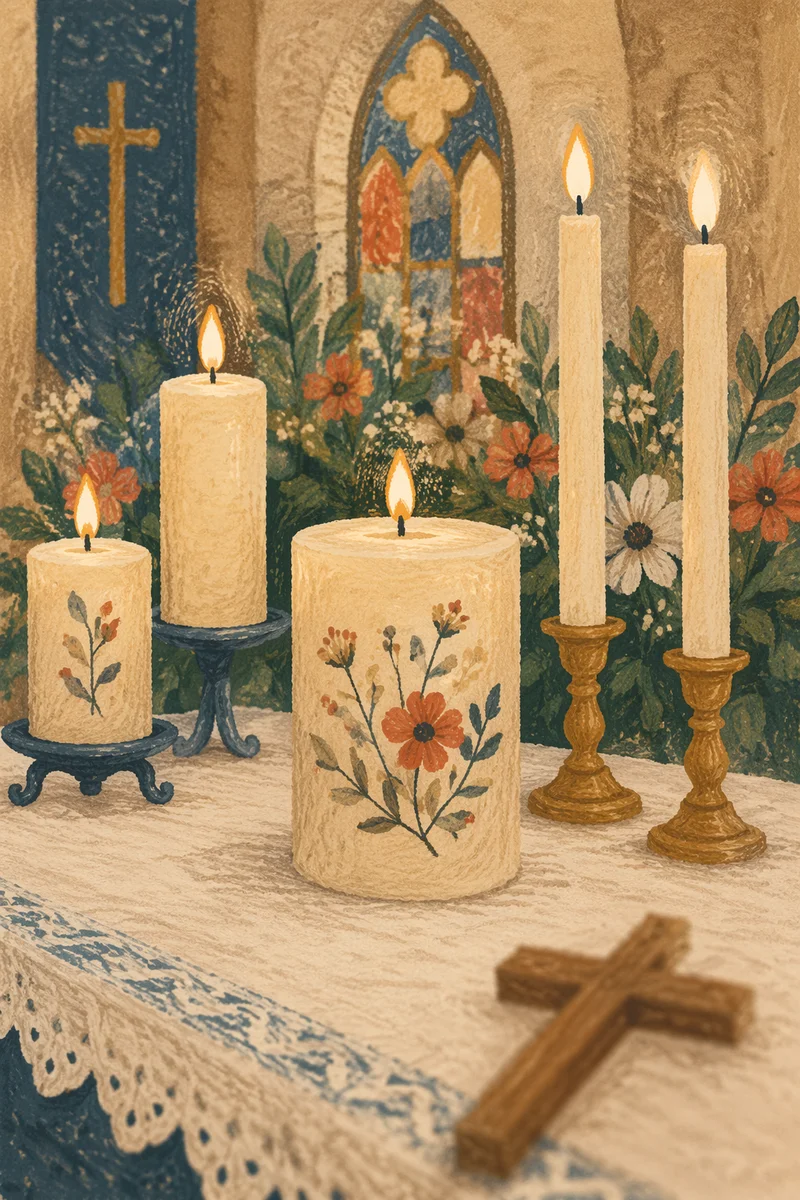 Quiet Church Altar with Flowers and Candles