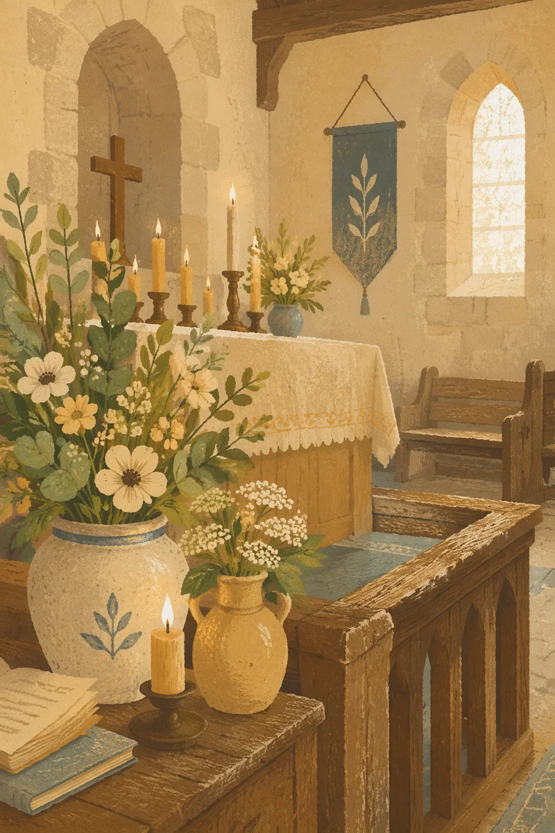 Candlelit Church Altar with Seasonal Flowers