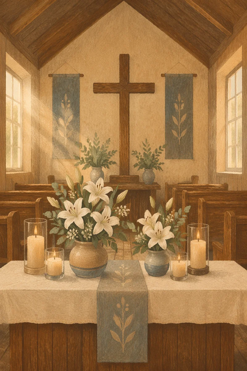 Peaceful Church Altar with Lilies and Candles