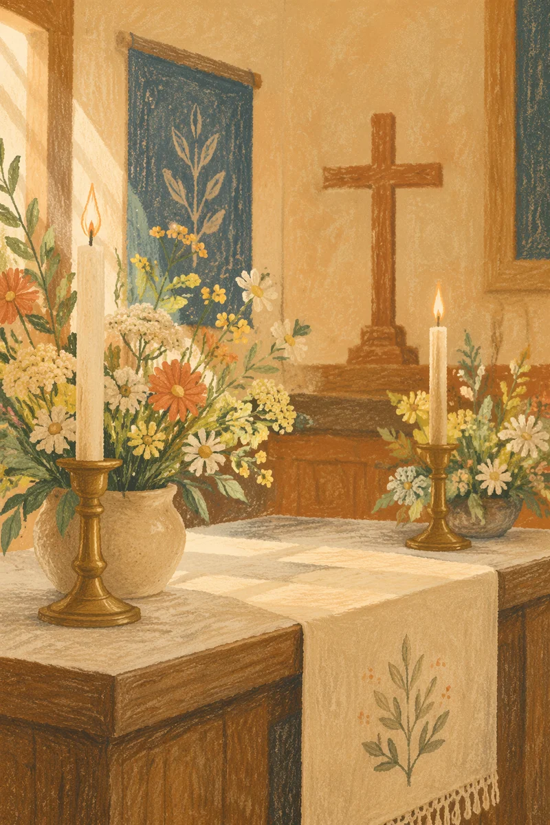 Peaceful Chapel Altar with Flowers and Candles