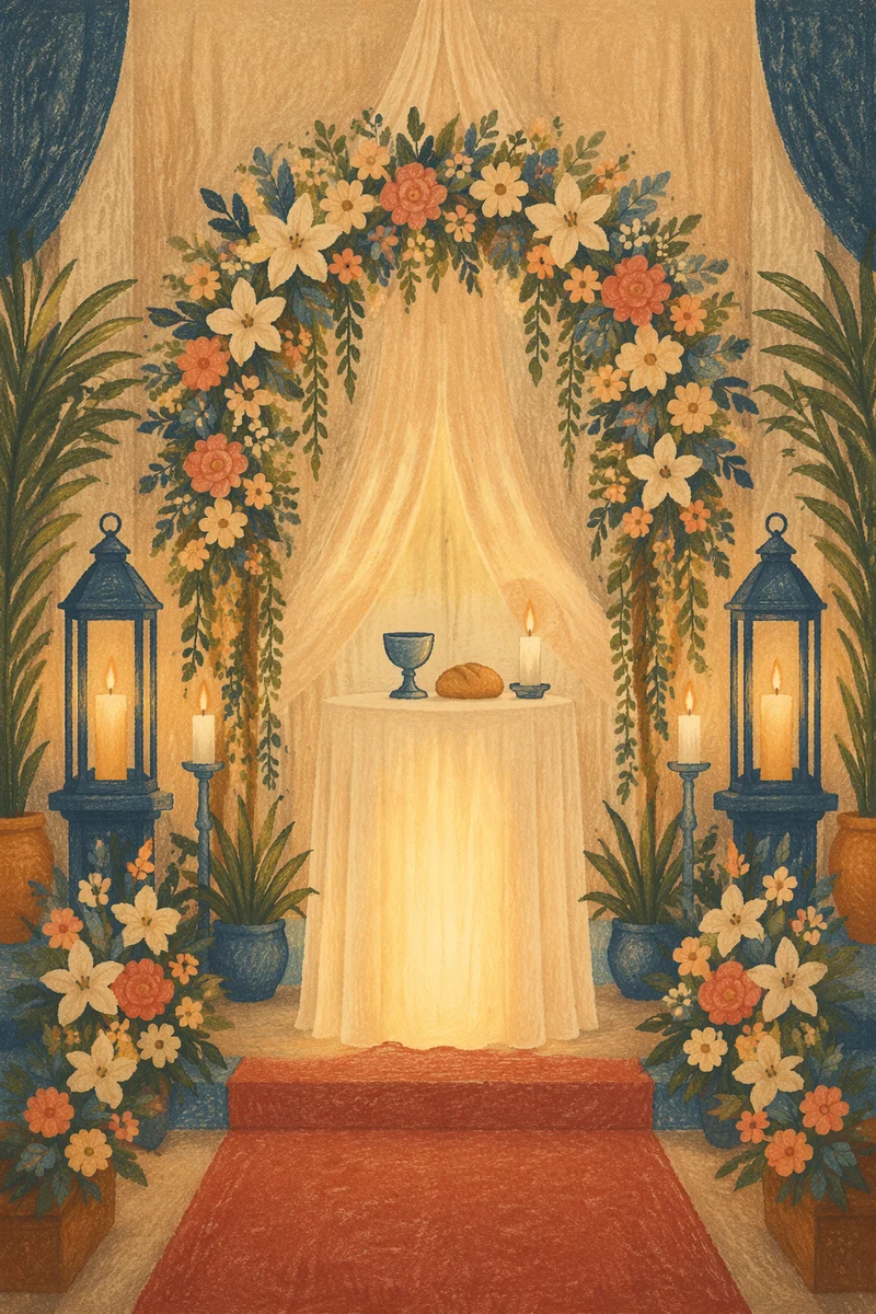 Candlelit Church Altar with Floral Arch