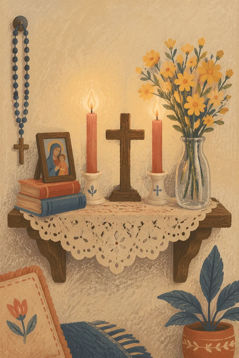 Home Altar with Candles and Yellow Flowers