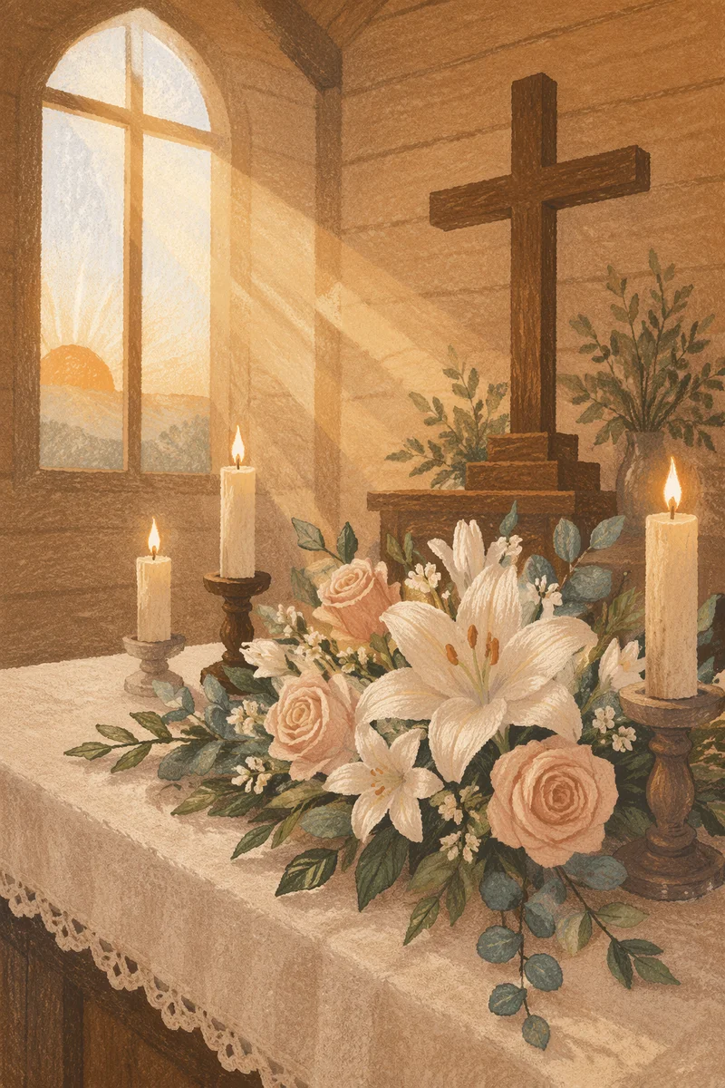 Quiet Chapel Altar with Flowers and Candles