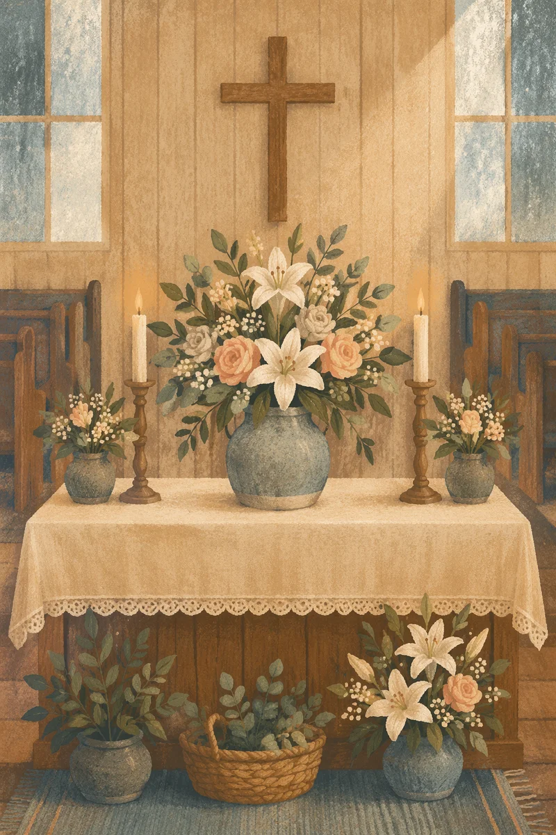 Peaceful Church Altar with Flowers and Candles