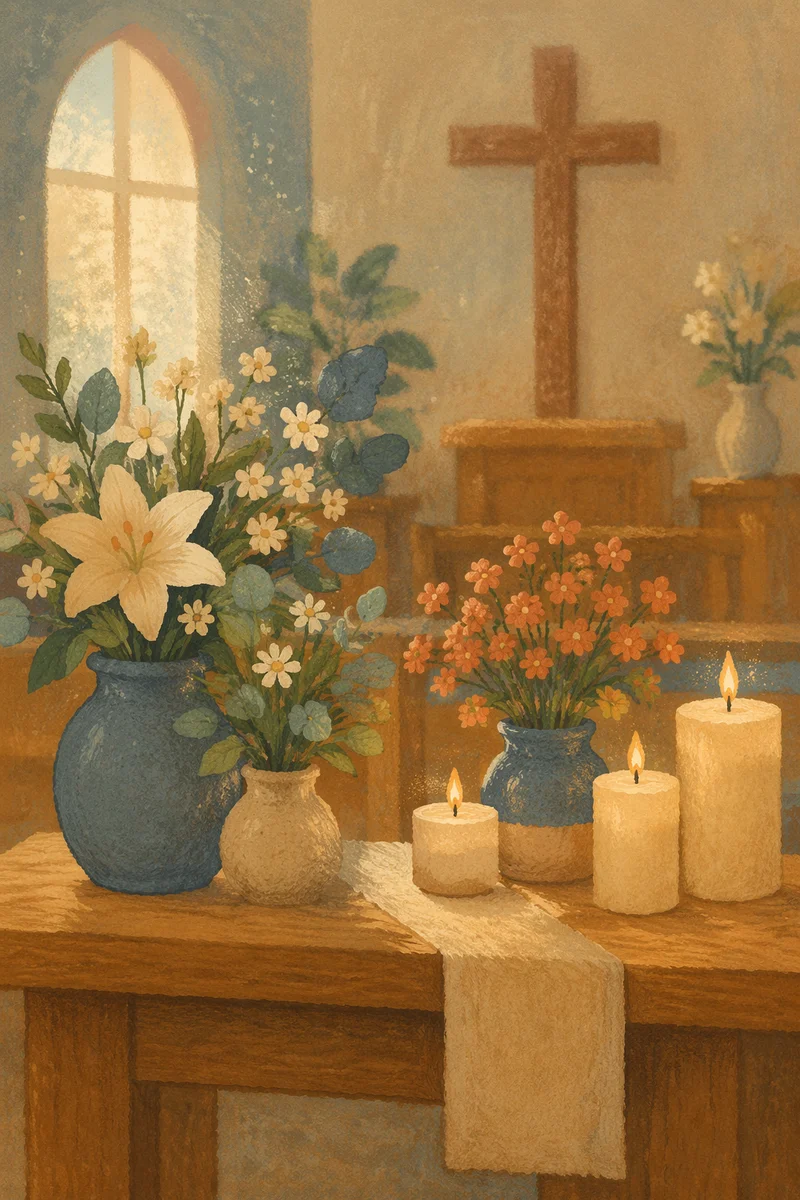 Quiet Chapel Altar with Flowers and Candles