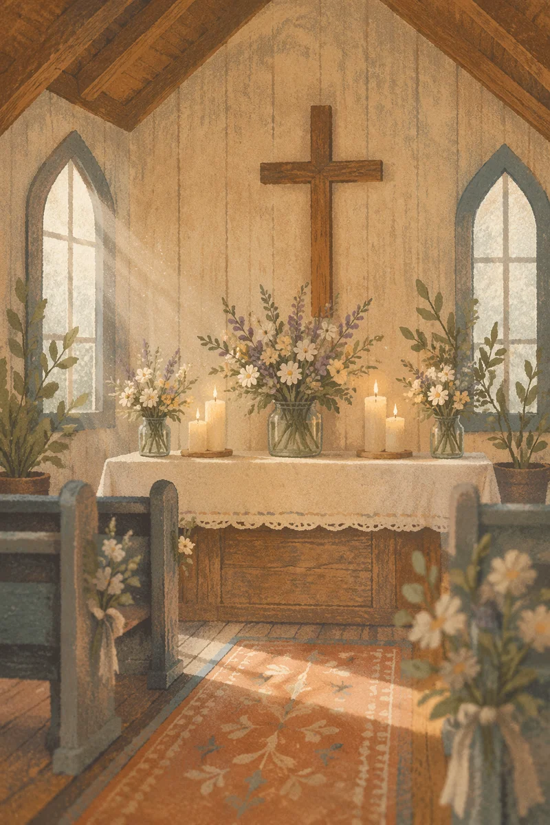 Quiet Chapel Altar with Flowers and Candles