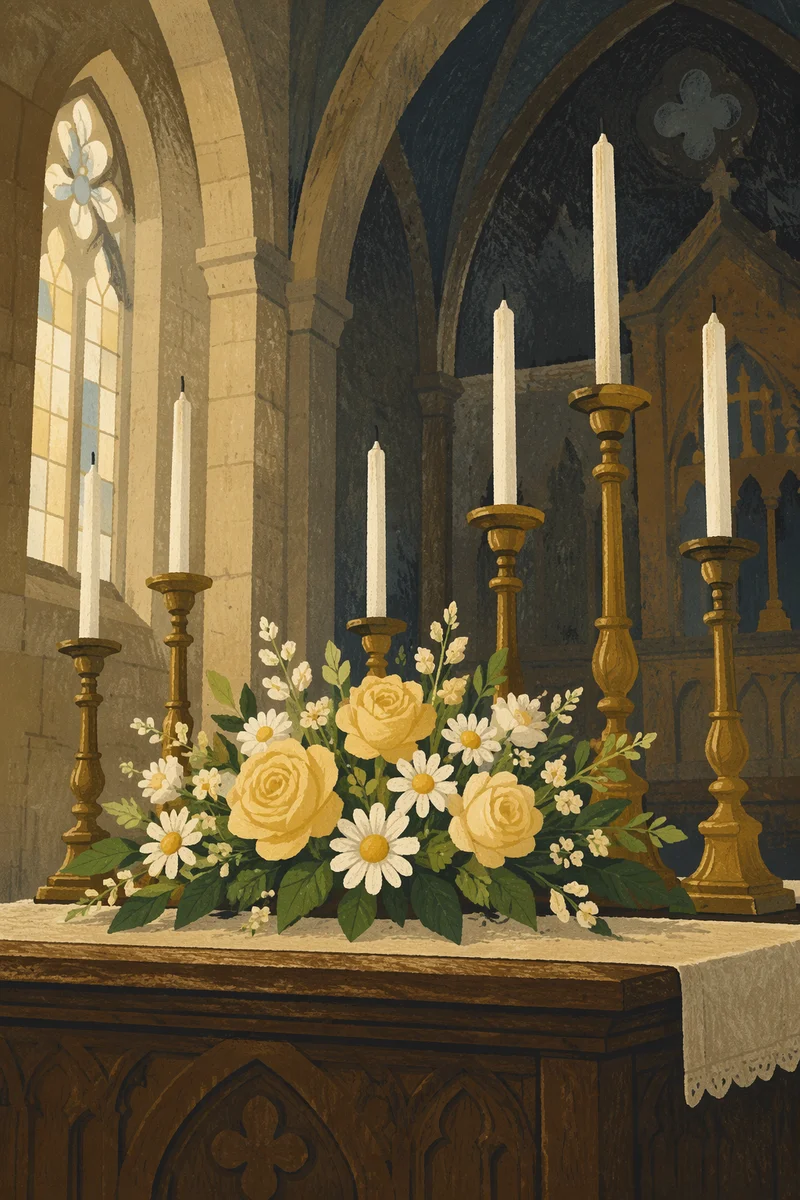 Quiet Church Altar with Flowers and Candles