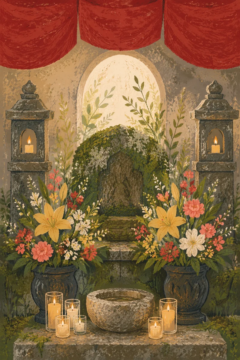 Quiet Church Altar with Flowers and Candles