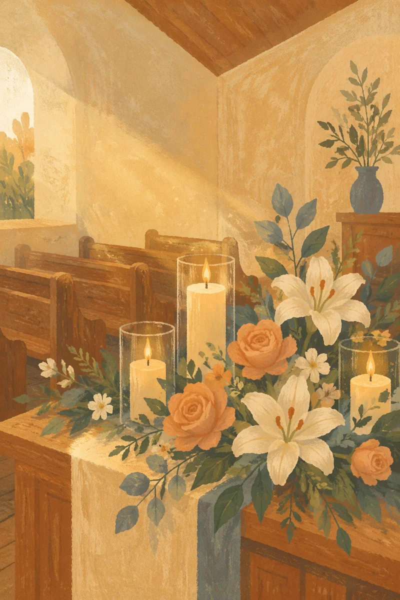 Peaceful Chapel Altar with Flowers and Candles