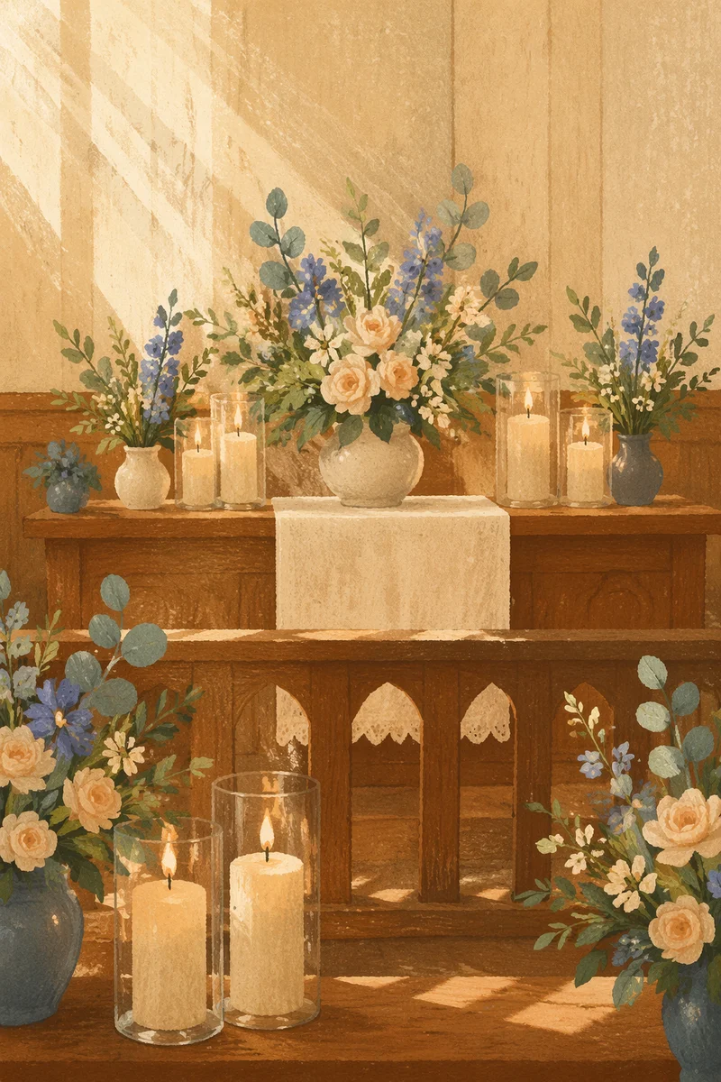 Peaceful Chapel Altar with Flowers and Candles