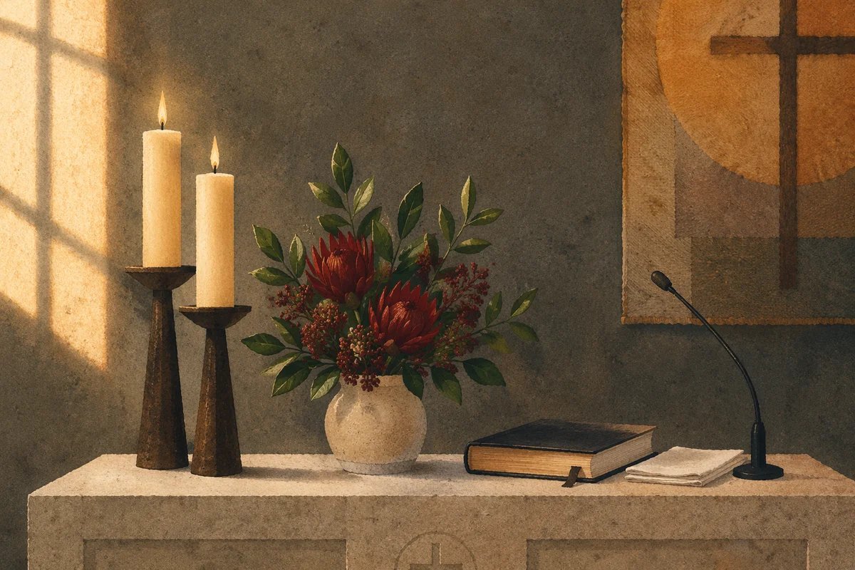 Quiet Church Altar with Flowers and Candles