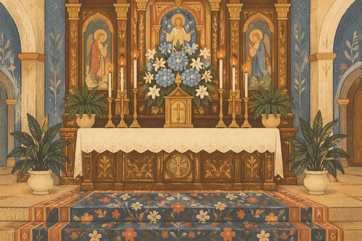 Ornate Church Altar with Flowers and Candles