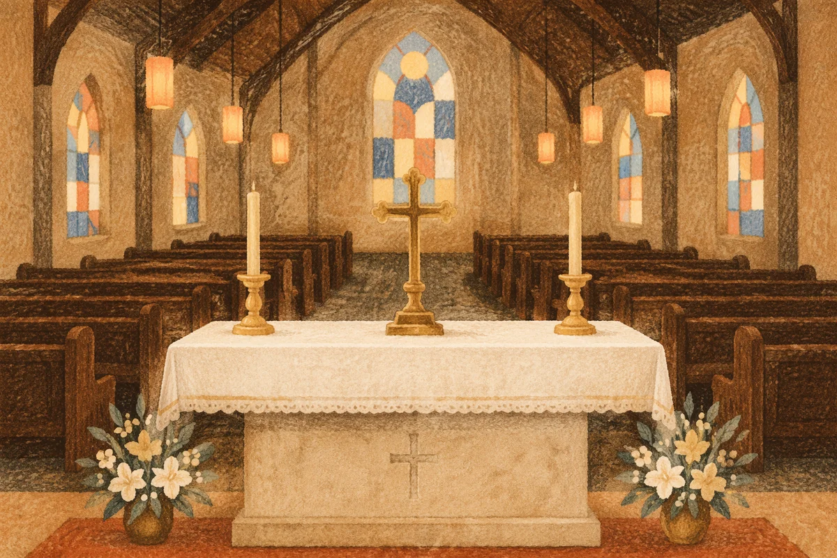 Reverent Church Altar with Flowers and Candles