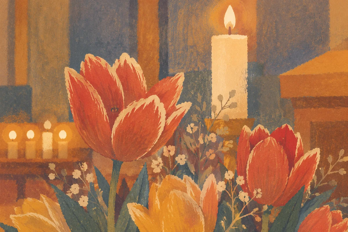 Church Altar Tulips and Glowing Candles