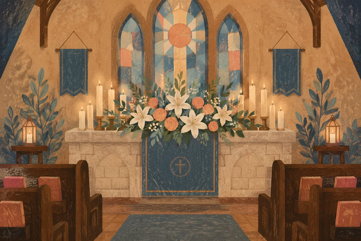 Peaceful Chapel Altar with Flowers and Candles