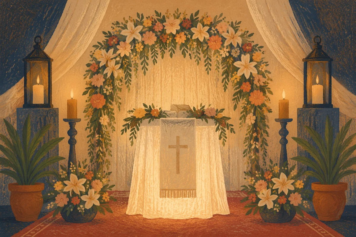 Candlelit Church Altar With Floral Arch
