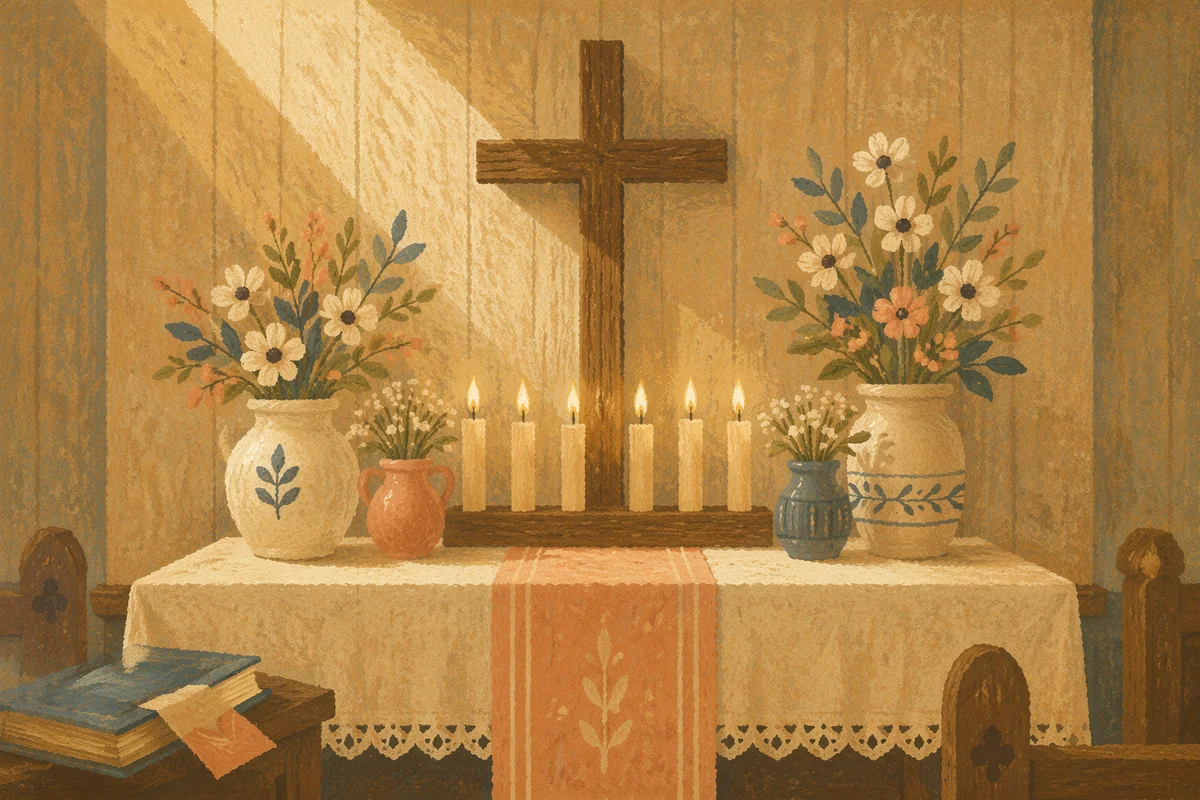 Quiet Chapel Altar with Flowers and Candles