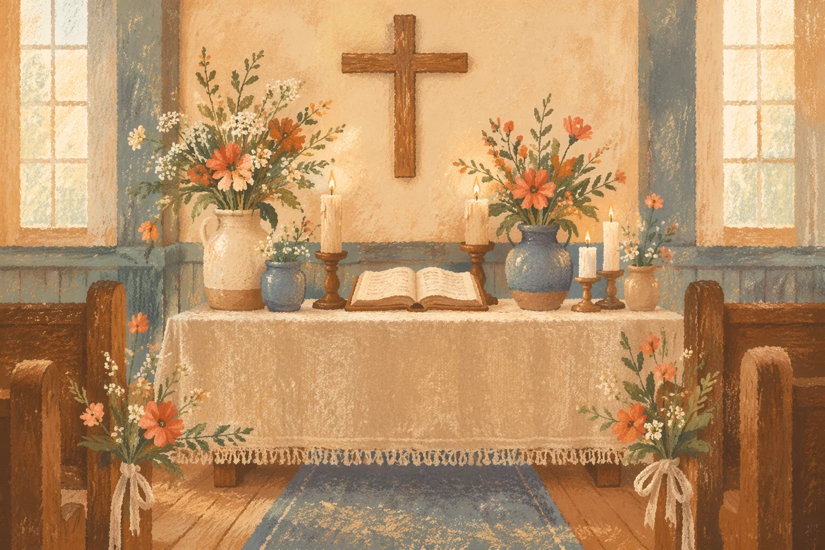 Peaceful Chapel Altar with Flowers and Candles