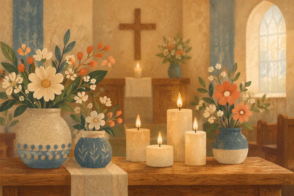 Quiet Church Altar with Flowers and Candles