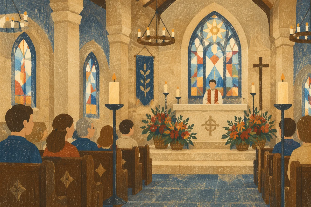 Church Altar Flowers and Candlelight Sanctuary