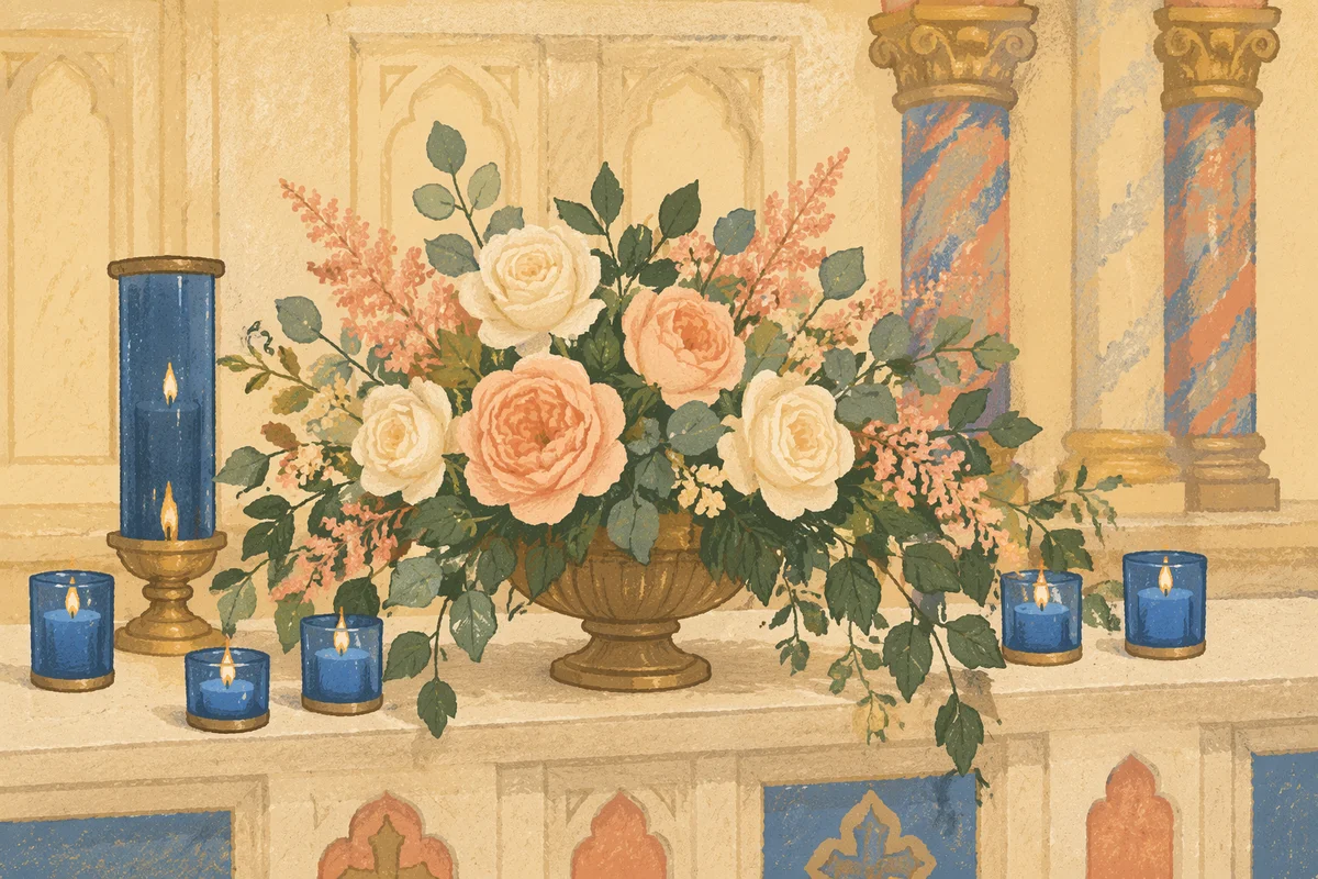 Church Altar Flowers with Blue Votive Candles
