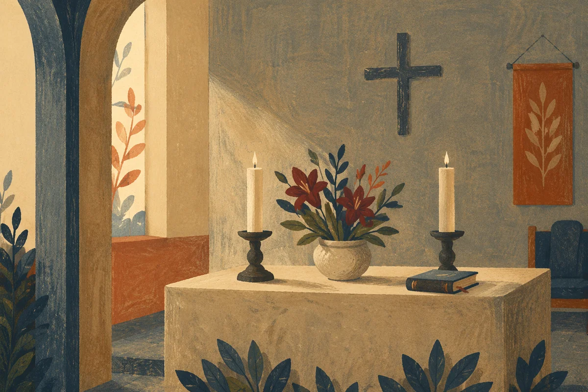 Quiet Church Altar with Flowers and Candles