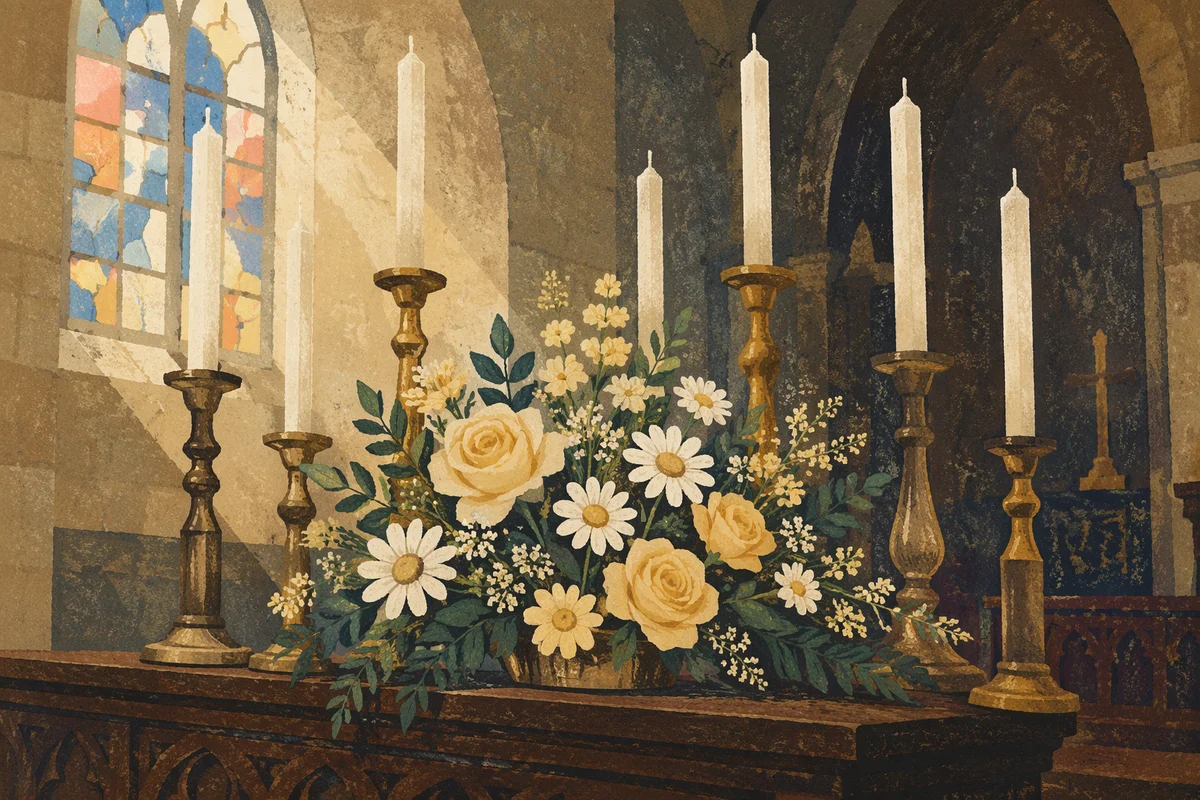 Church Altar Flowers with Brass Candleholders