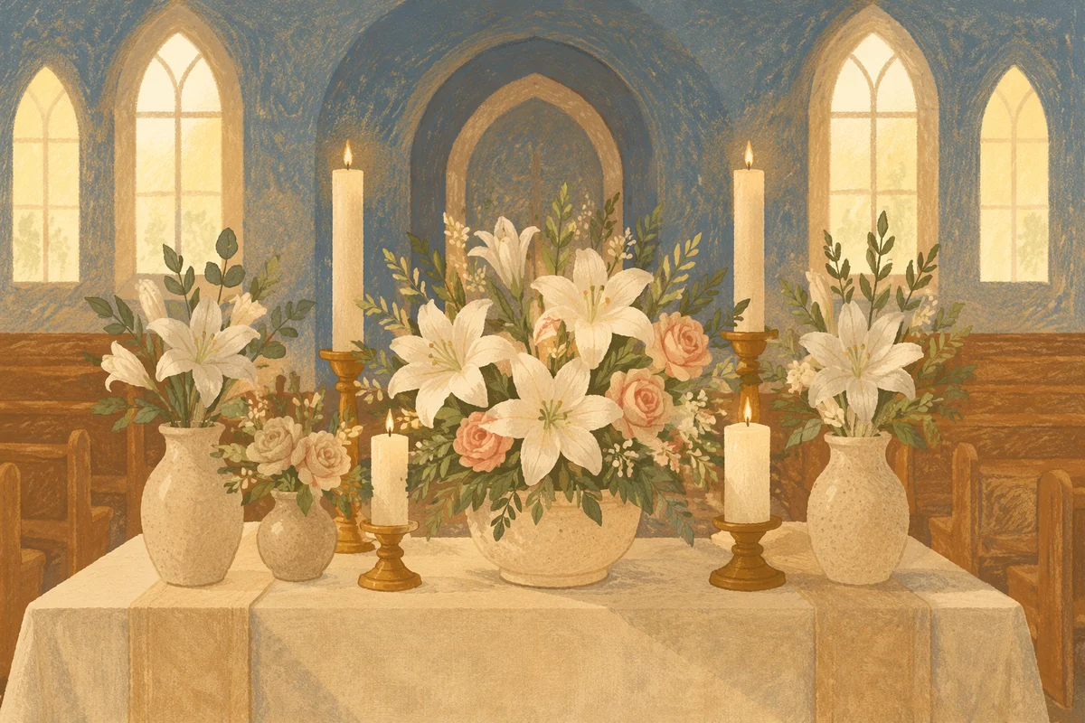 Quiet Church Altar with Flowers and Candles