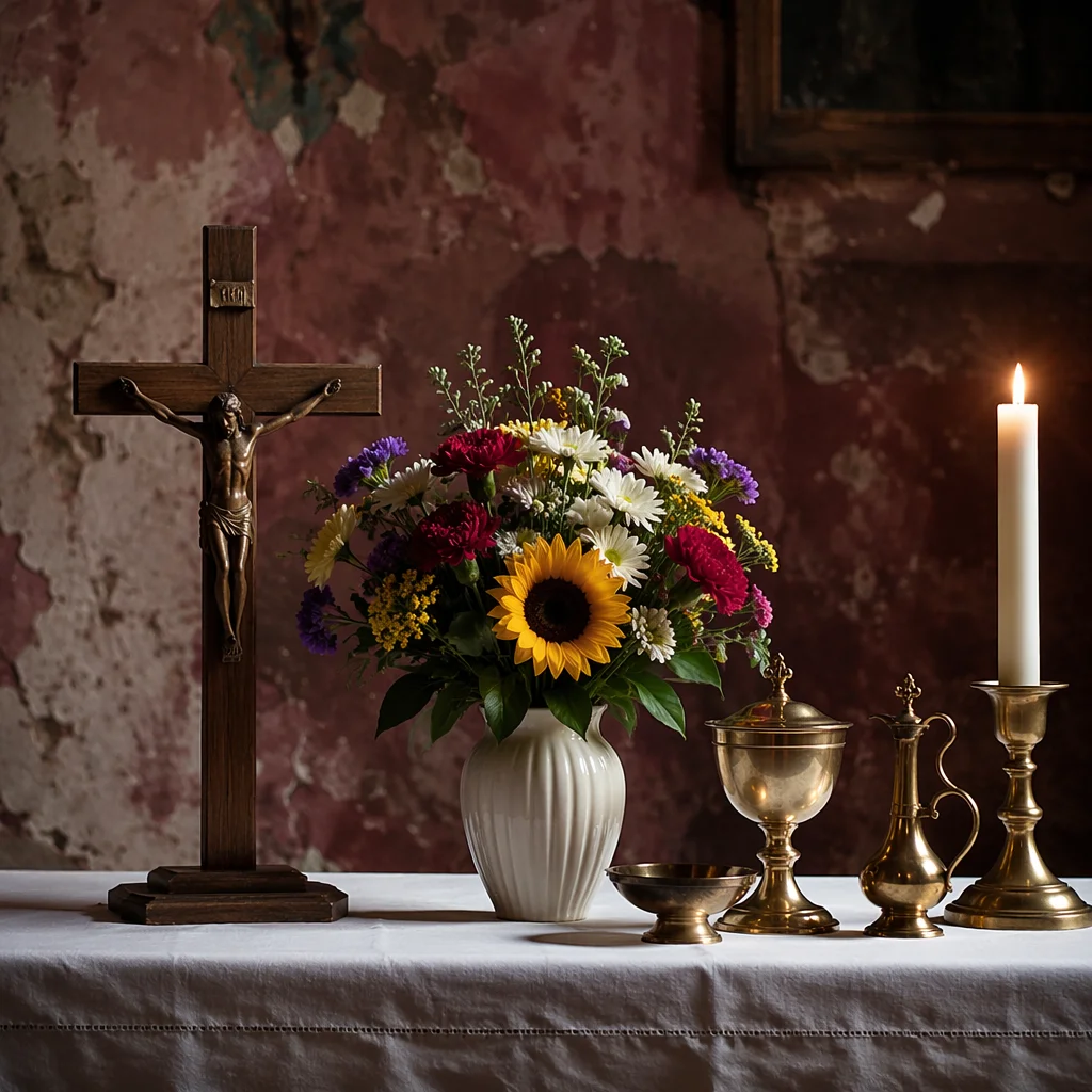 Church Altar Flowers with Candlelight