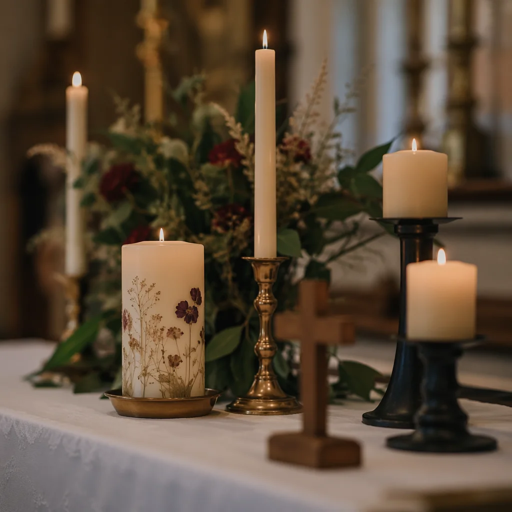 Quiet Church Altar with Flowers and Candles