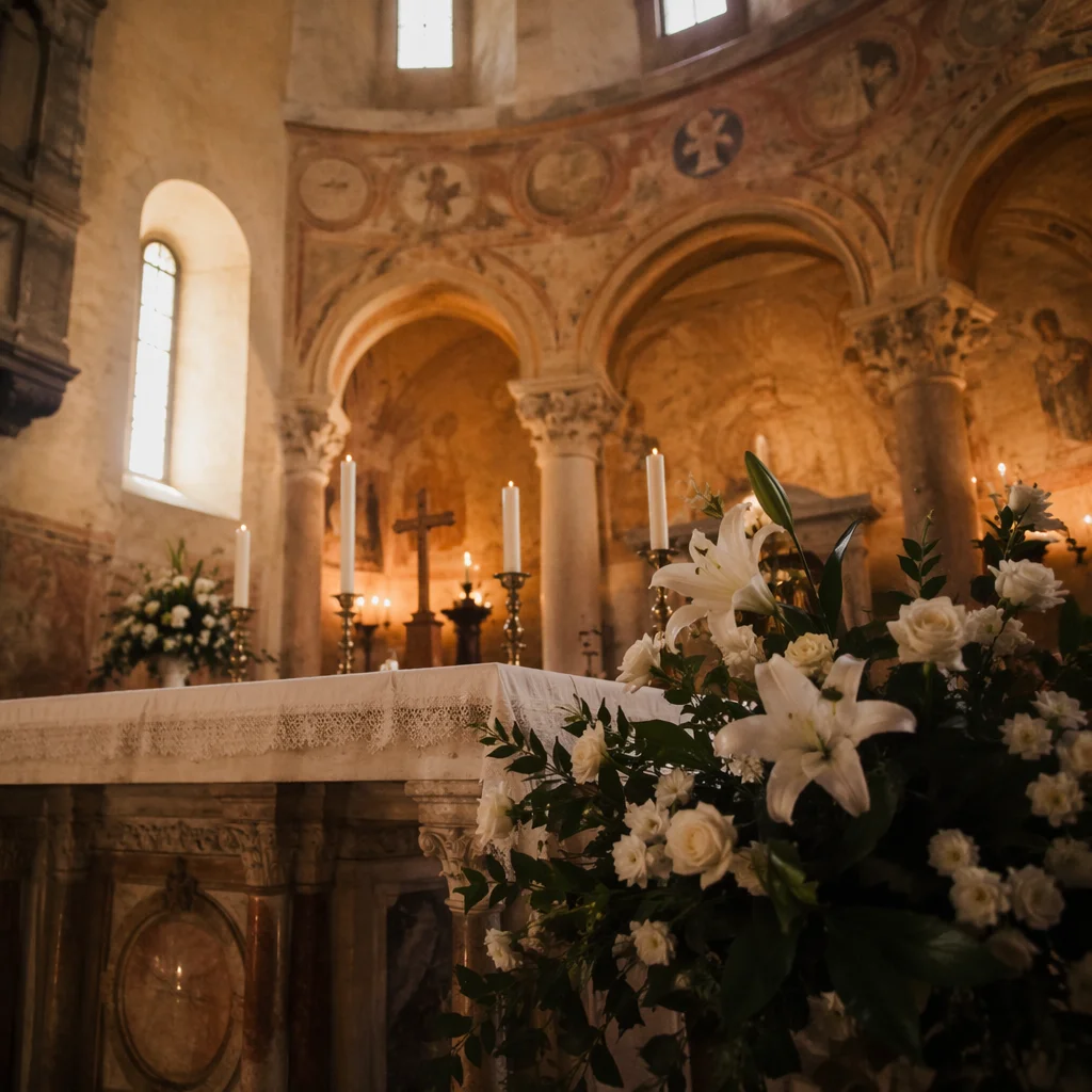 Historic Church Altar with Lilies and Candles