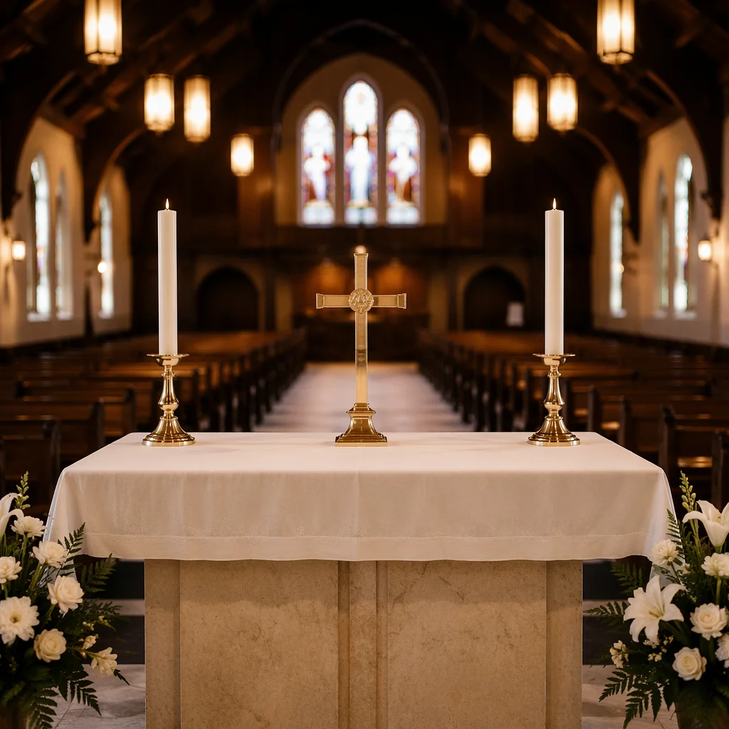Reverent Church Altar with Flowers and Candles