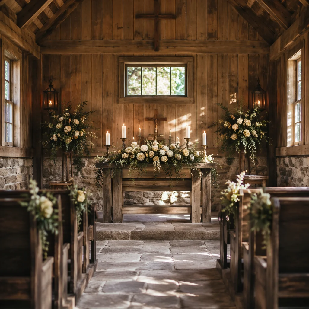Rustic Chapel Altar with Flowers and Candles