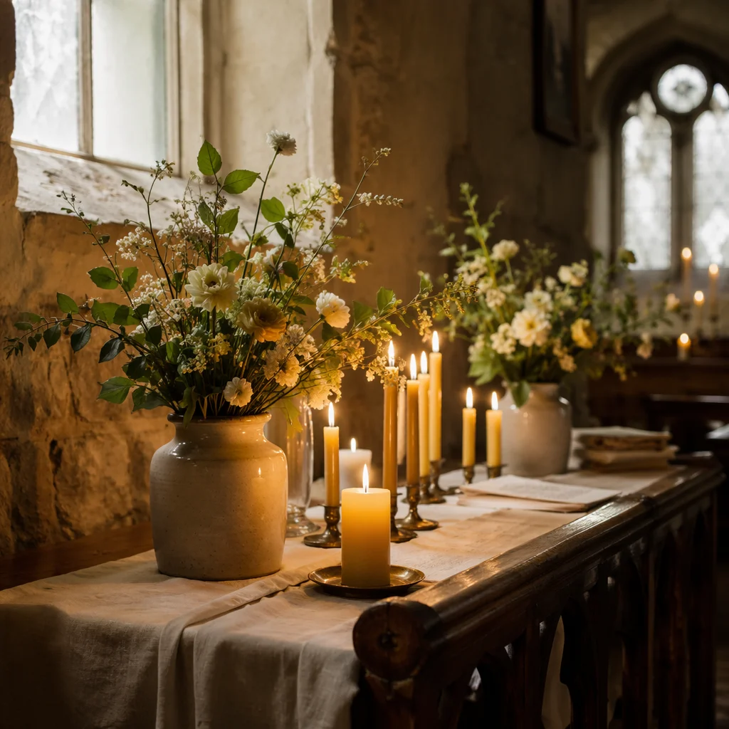 Candlelit Church Altar Flowers at Dawn