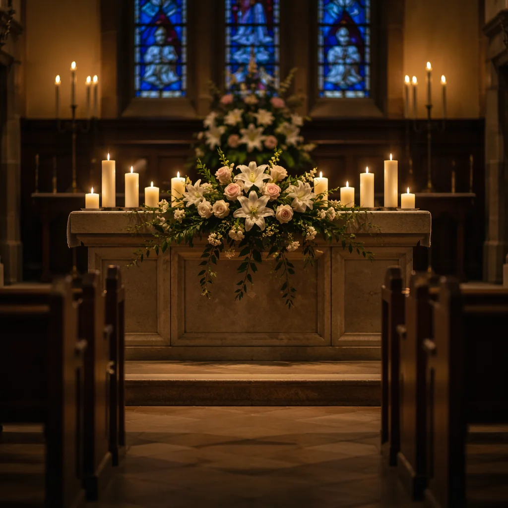 Chapel Altar Flowers and Evening Candles