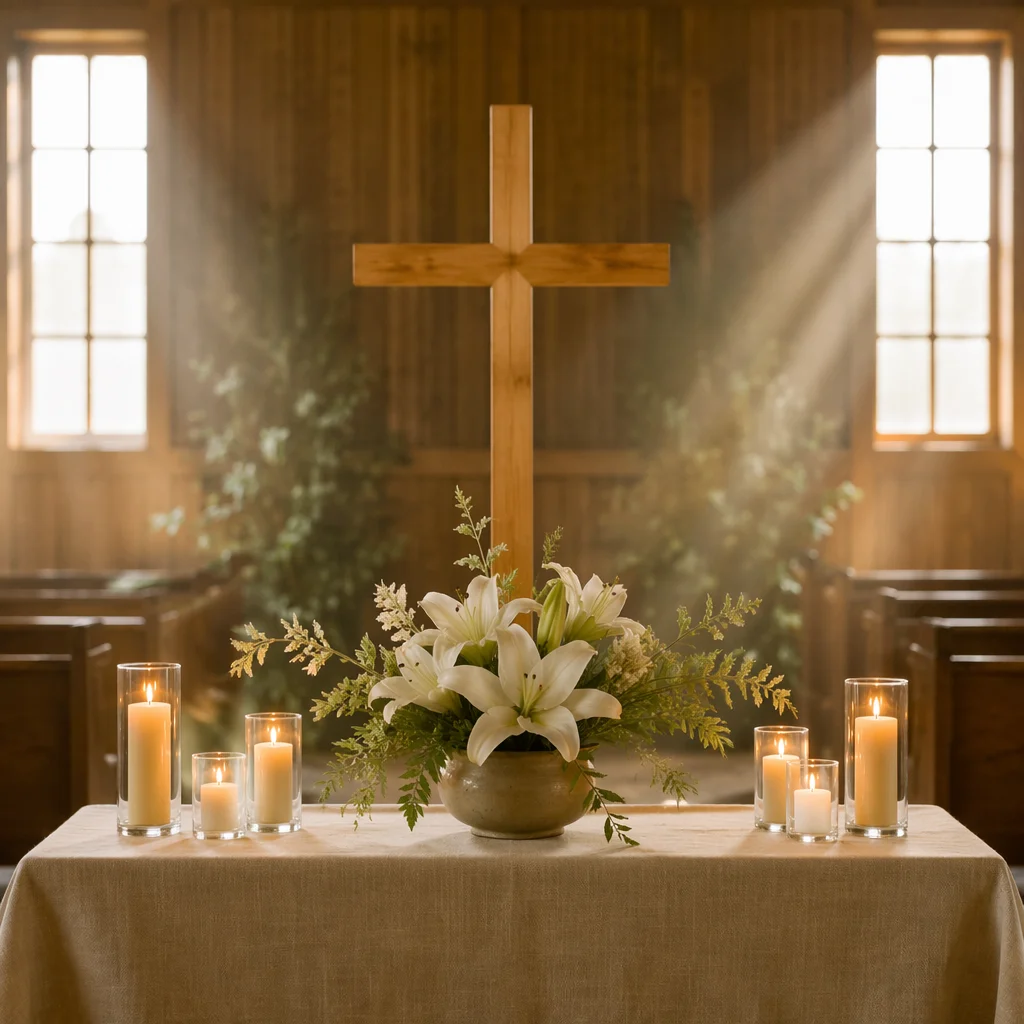 Quiet Chapel Altar with Lilies and Candles