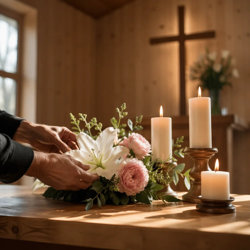 Morning Chapel Altar with Flowers and Candles